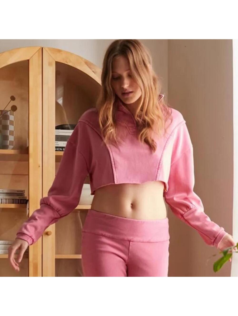 Out From Under Urban Outfitters Vera 1/4 Zip Cropped Sweatshirt Pink Women’s Med